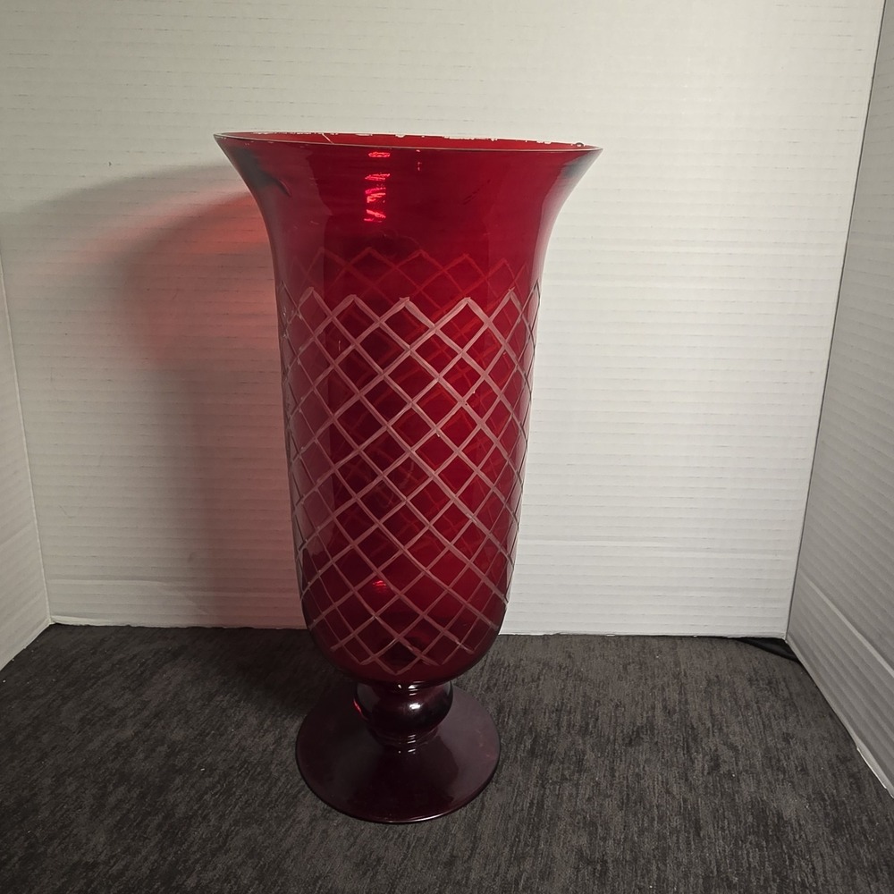 Vintage Hurricane Storm Glass Candle Holder Cranberry Flashed Red Footed 12 Inch